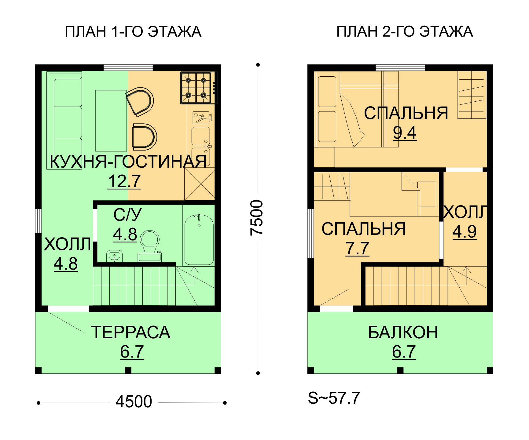 Проект ССК-58Т — дом 7,5х4,5 57.7 кв.м. — до 100 кв.м. от ССК-ДОМ